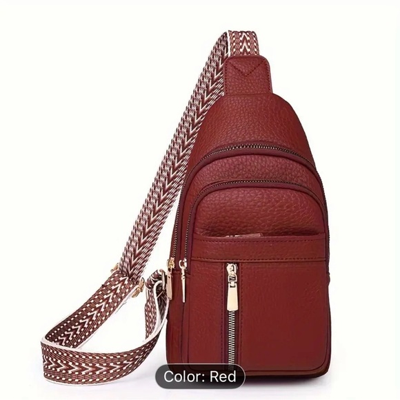 New Red Crossbody Sling Bag With Adjustable Guitar Strap Multiple Zip Pockets - Picture 8 of 12